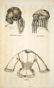 1856 Wood Engraving Victorian Lady Fashion Headdress Guipere Cap Basque YPM2