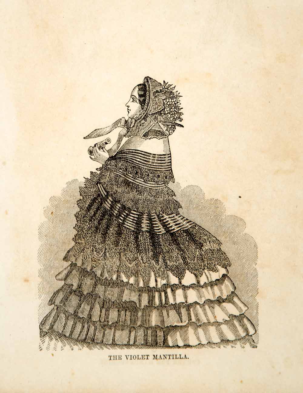 1856 Wood Engraving Victorian Lady Fashion Violet Mantilla Bonnet Dress YPM2