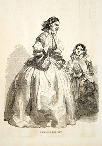 1856 Wood Engraving Victorian Lady Ladies May Fashion Dress Bonnet Antique YPM2