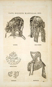 1856 Wood Engraving Victorian Fashion Cap Bonnet Mantilla Headdress Antique YPM2