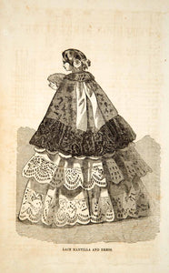 1856 Wood Engraving Antique Victorian Lady Lace Mantilla Dress Fashion Cape YPM2