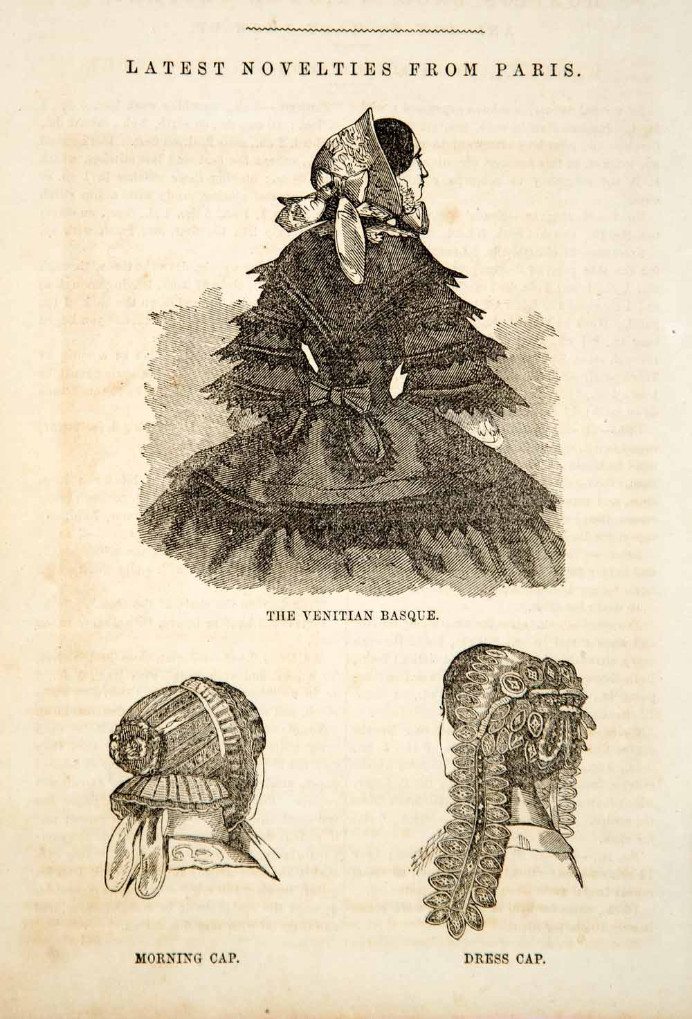 1856 Wood Engraving Antique Victorian Paris Fashion Lady Basque Morning Cap YPM2
