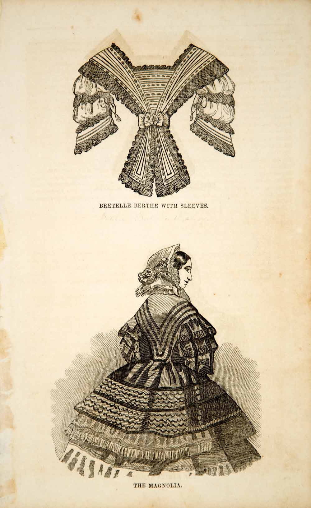 1856 Wood Engraving Antique Victorian Fashion Bretelle Berthe Cloak Lady YPM2