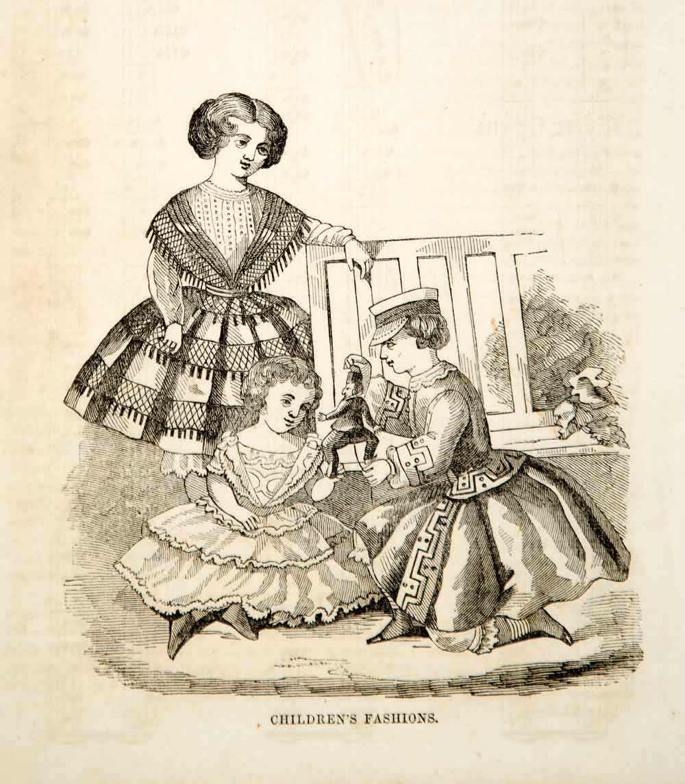 1856 Wood Engraving Antique Victorian Fashion Children Dress Boy Girl Toy YPM2