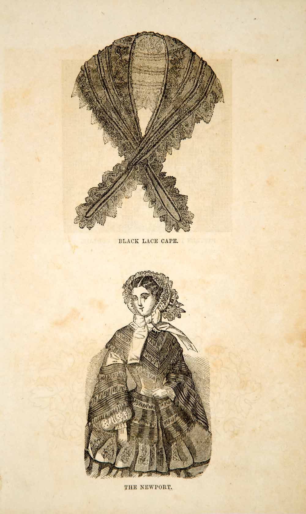 1856 Wood Engraving Antique Victorian Fashion Lace Newport Cape Cloak Lady YPM2