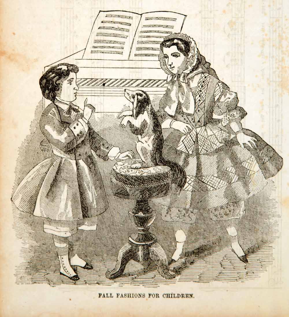 1856 Wood Engraving Victorian Children Girl Boy Dress Costume Dog Piano YPM2