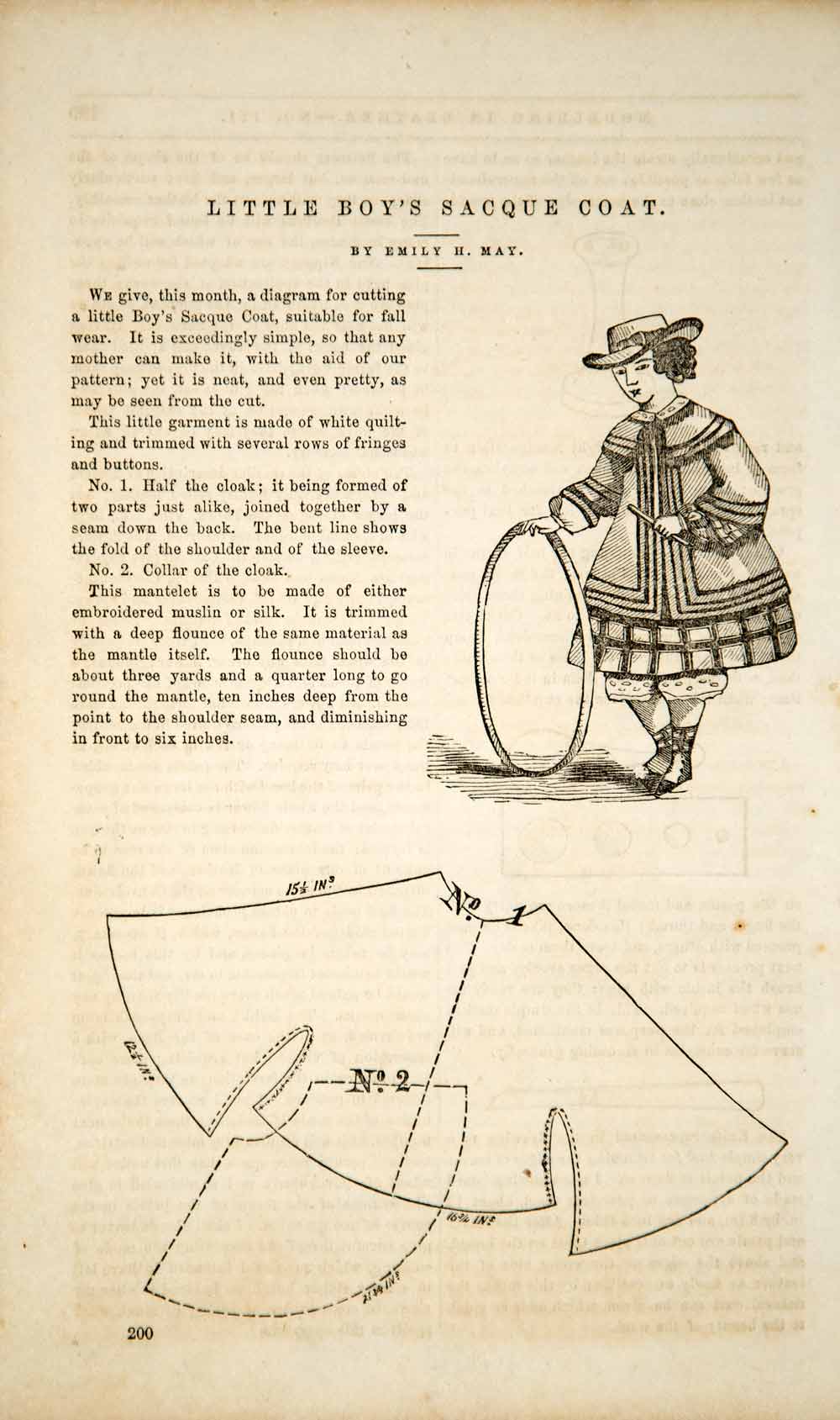 1856 Article Victorian Fashion Costume Boy Sacque Coat Pattern Instructions YPM2