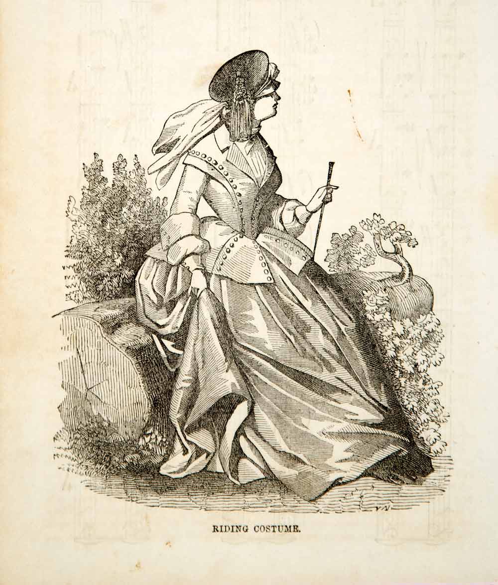 1856 Wood Engraving Antique Victorian Lady Riding Habit Costume Clothing YPM2