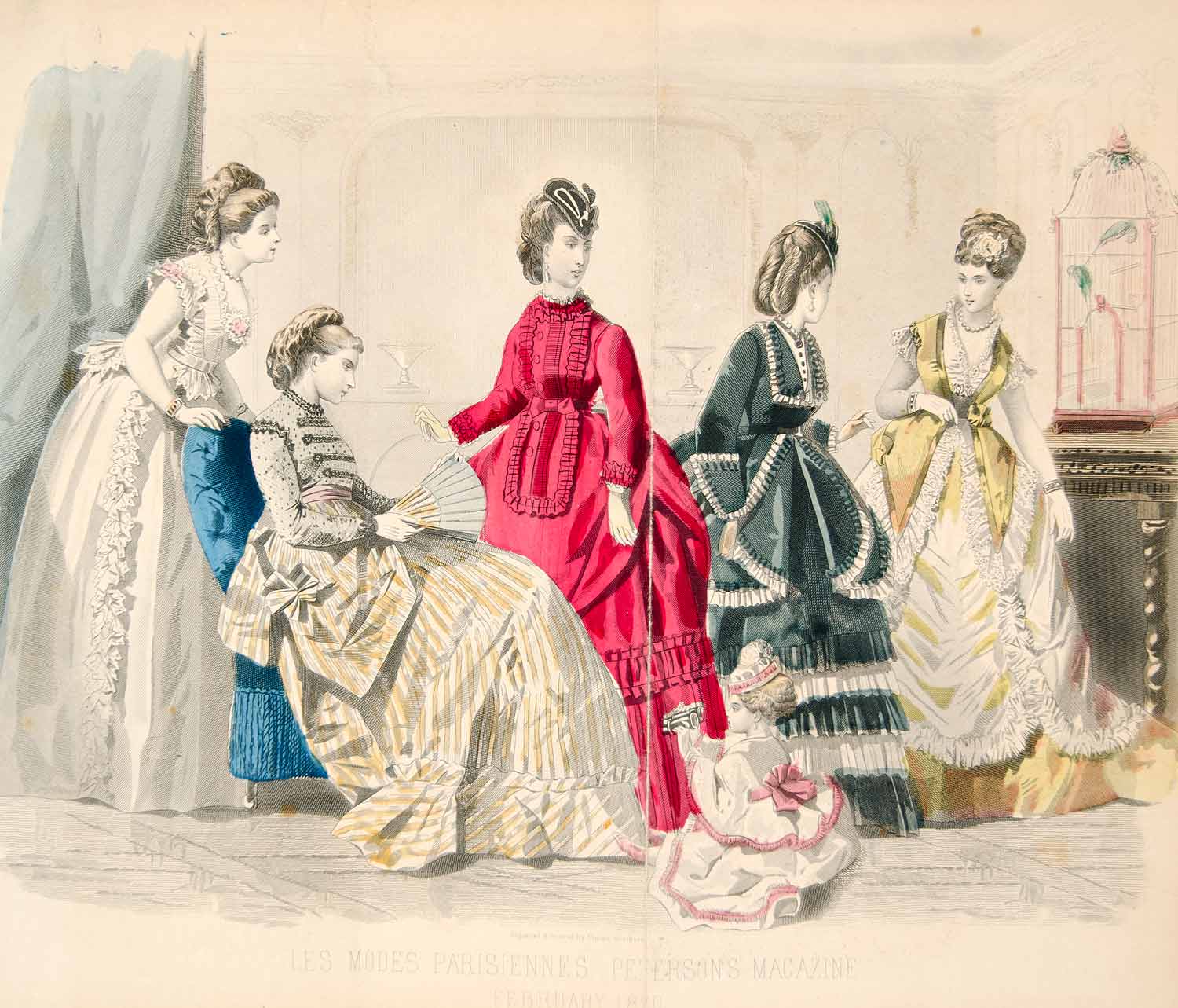 1870 Steel Engraving Victorian Fashion Plate Ladies Walking House Dress Hat YPM3