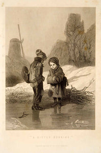 1870 Steel Engraving Victorian Children Bitter Winter Morning Snow Girl Boy YPM3
