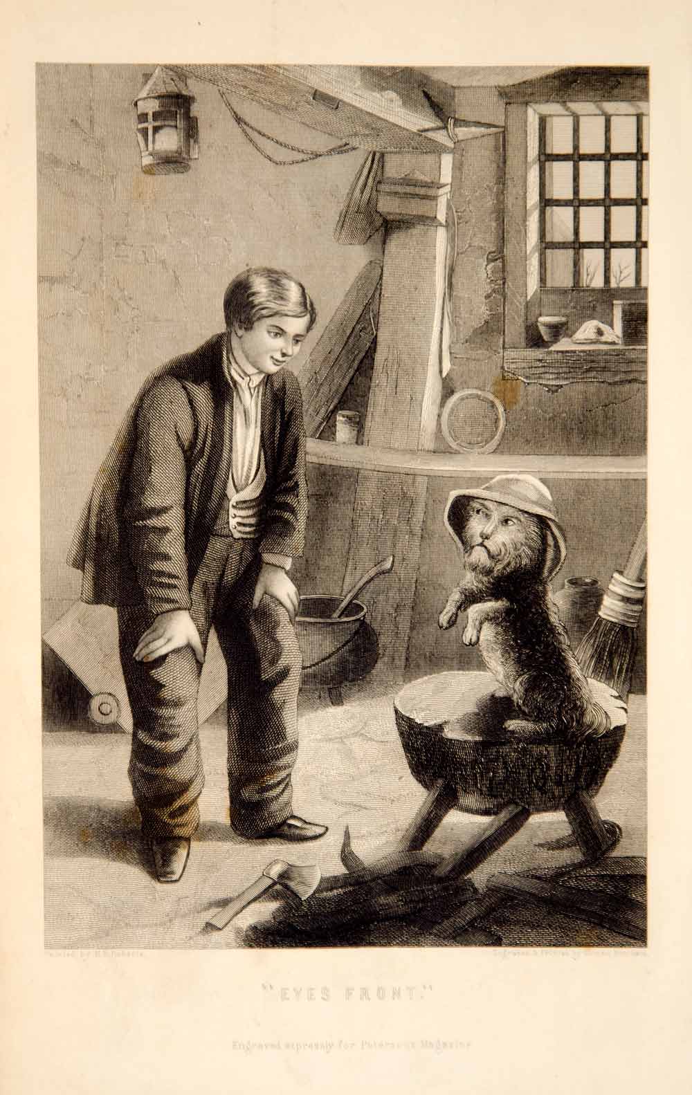 1870 Steel Engraving Victorian Boy Dog Pet Tricks Henry Benjamin Roberts YPM3