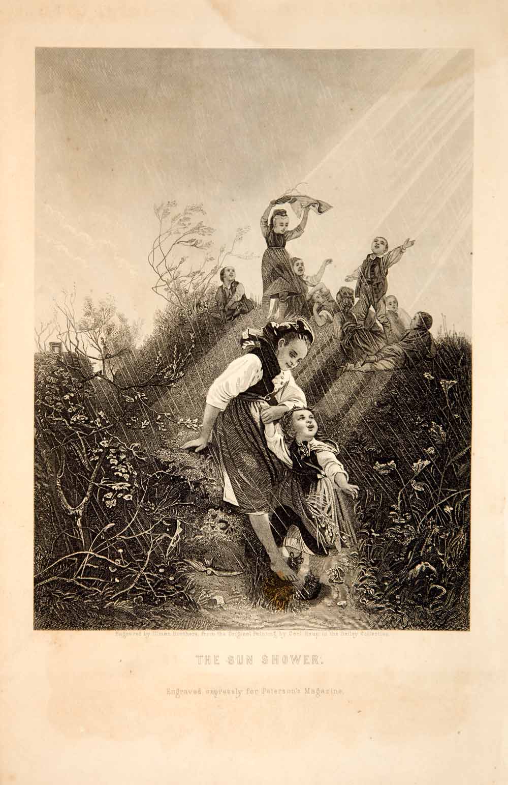 1870 Steel Engraving Victorian Children Playing Sun Shower Rain Karl Raupp YPM3