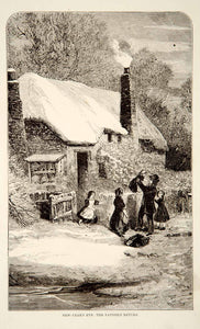 1870 Wood Engraving New Years Eve Father Children Homecoming Cottage Winter YPM3
