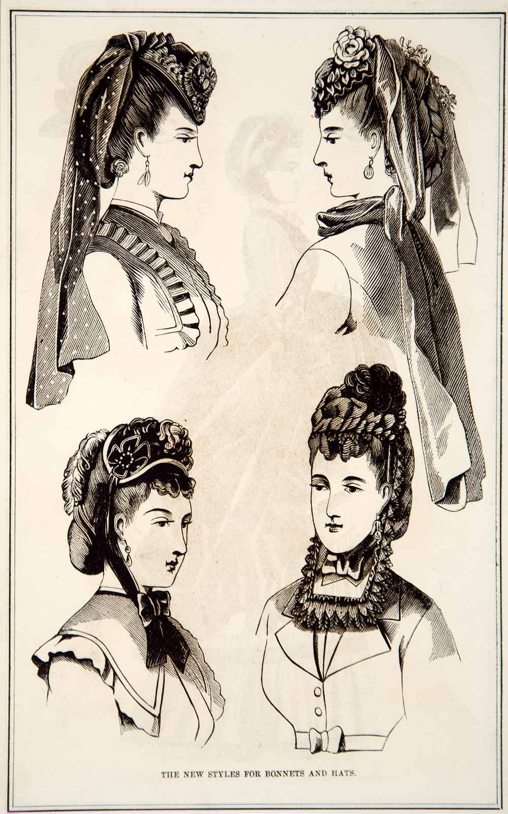 1870 Wood Engraving Victorian Lady Bonnet Hat Veil Fashion Costume Styles YPM3