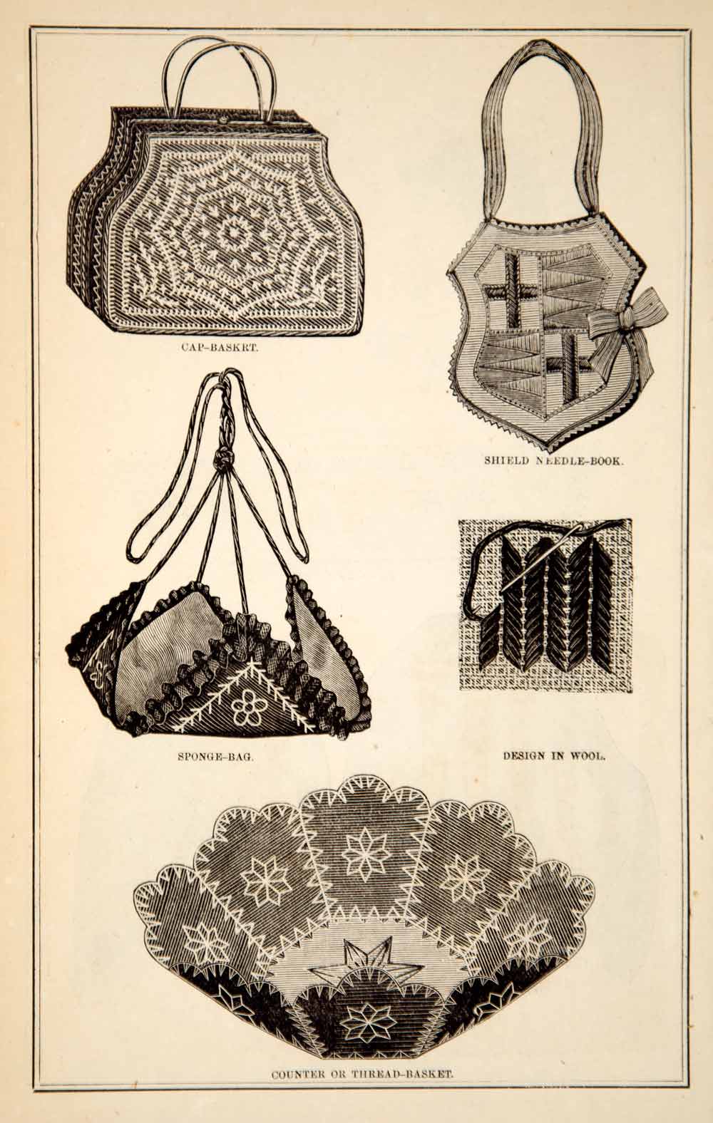 1870 Wood Engraving Victorian Needlework Handiwork Design Bags Basket Art YPM3