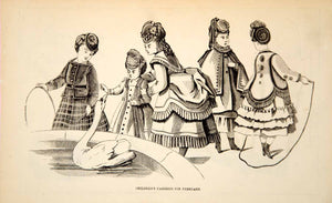 1870 Wood Engraving Victorian Children Clothing Fashion Dress Winter Coats YPM3