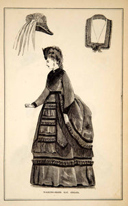 1870 Wood Engraving Victorian Lady Walking Dress Hat Collar Fashion Style YPM3