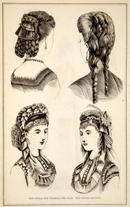1870 Wood Engraving Victorian Lady Hairstyles Updos Spring Bonnet Fashion YPM3