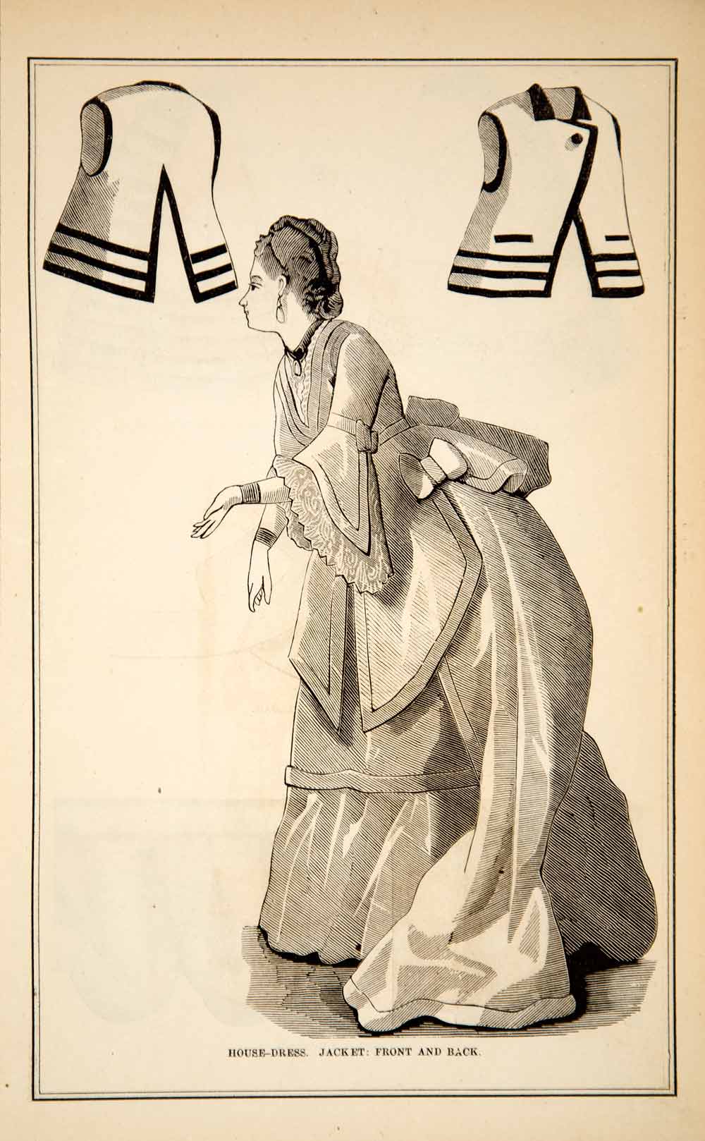 1870 Wood Engraving Victorian Lady House Dress Jacket Costume Fashion Style YPM3