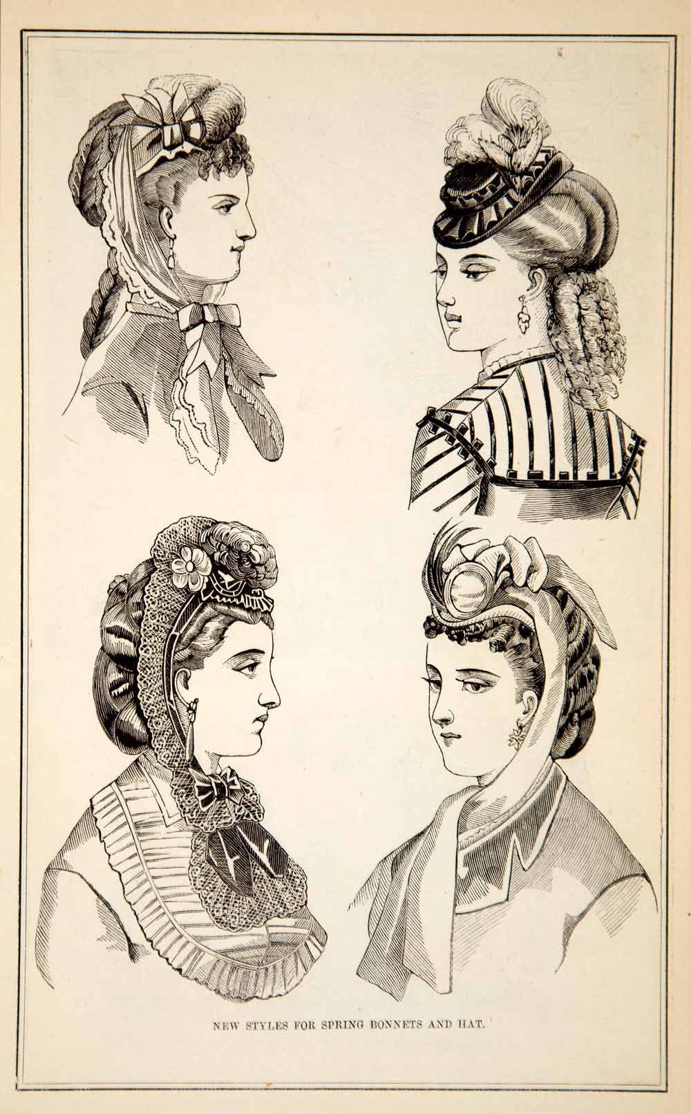 1870 Wood Engraving Victorian Lady Spring Bonnets Hat Fashion Costume Style YPM3
