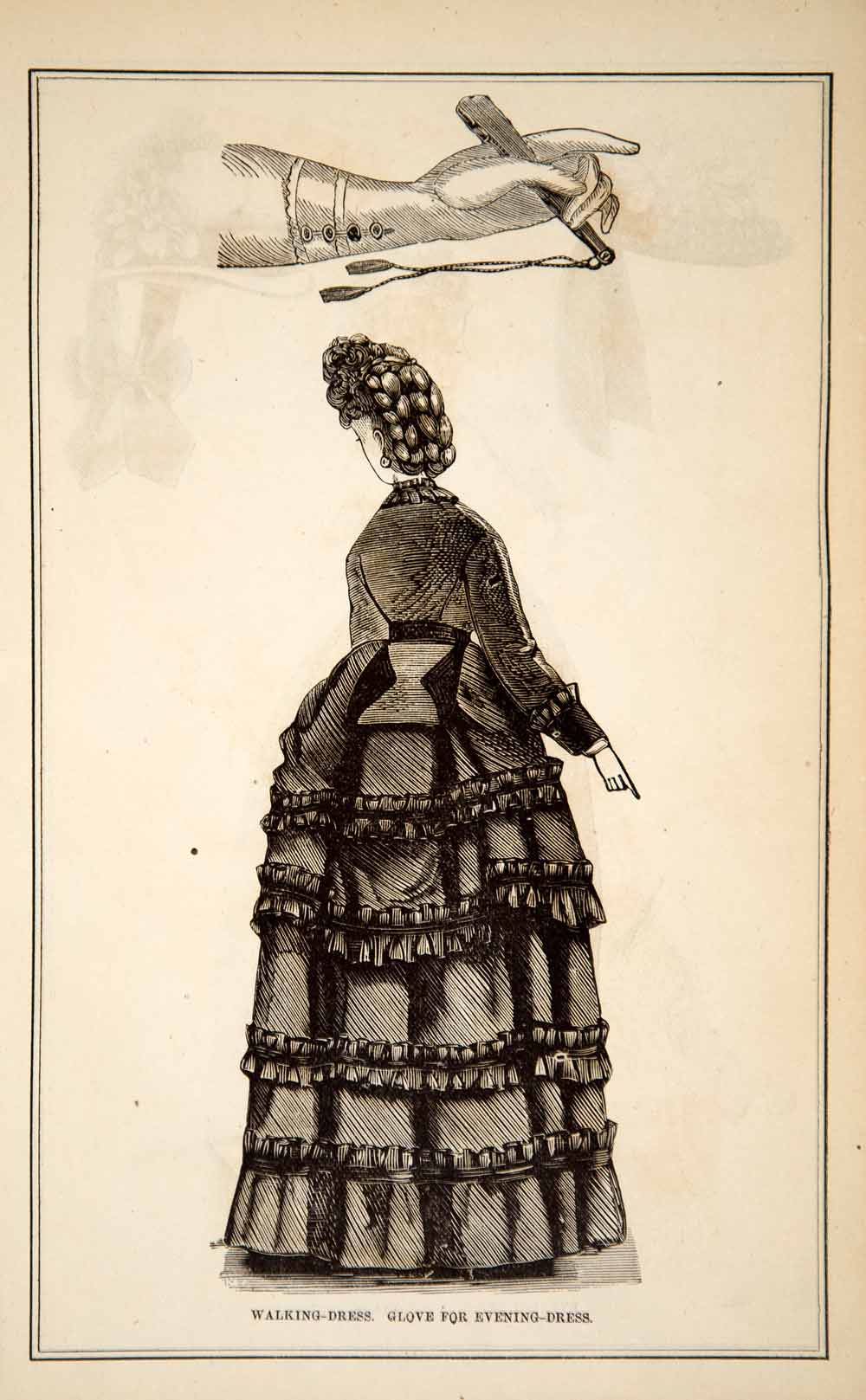 1870 Wood Engraving Victorian Lady Walking Dress Fashion Glove Evening Gown YPM3