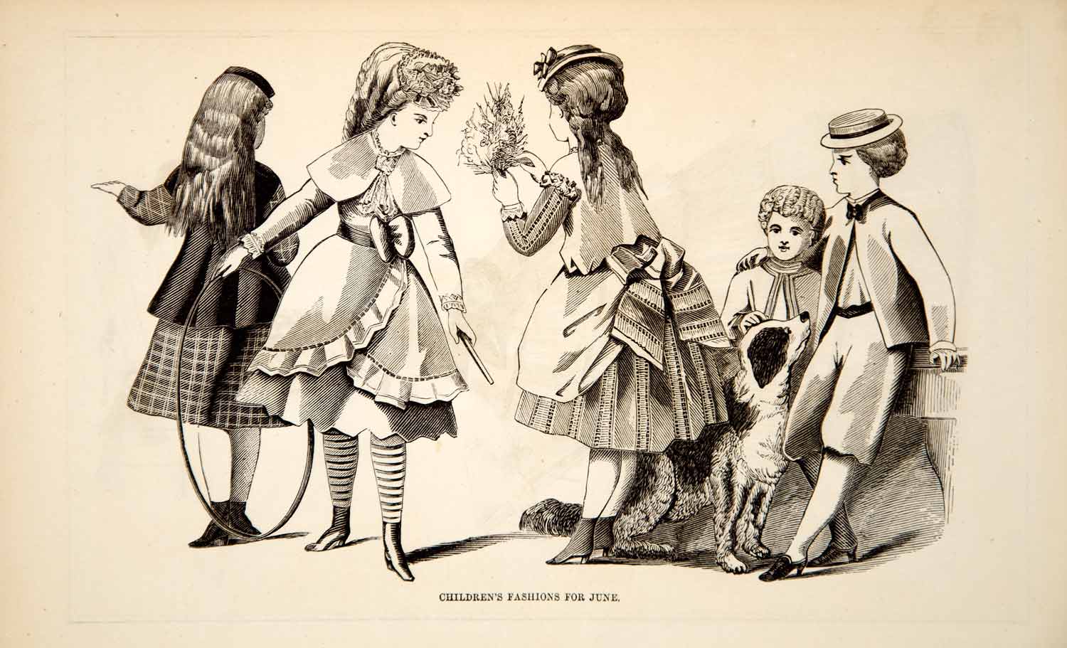 1870 Wood Engraving Victorian Children Fashion Dress Summer Clothing Suit YPM3
