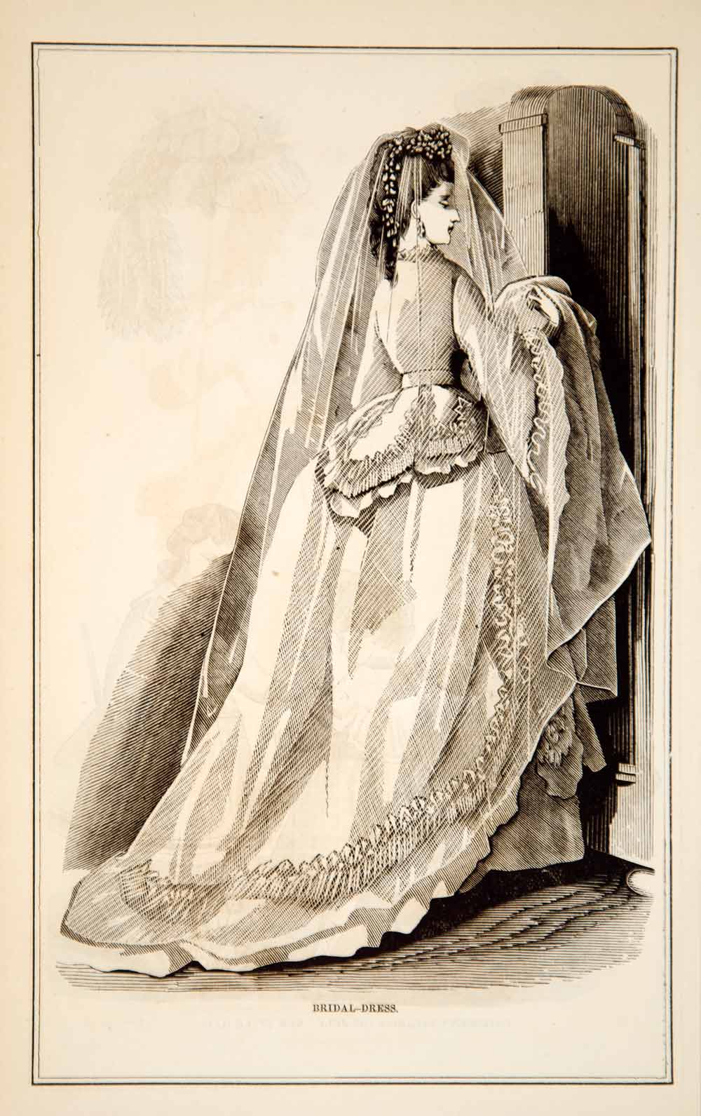 1870 Wood Engraving Victorian Bride Lady Bridal Wedding Dress Veil Train YPM3
