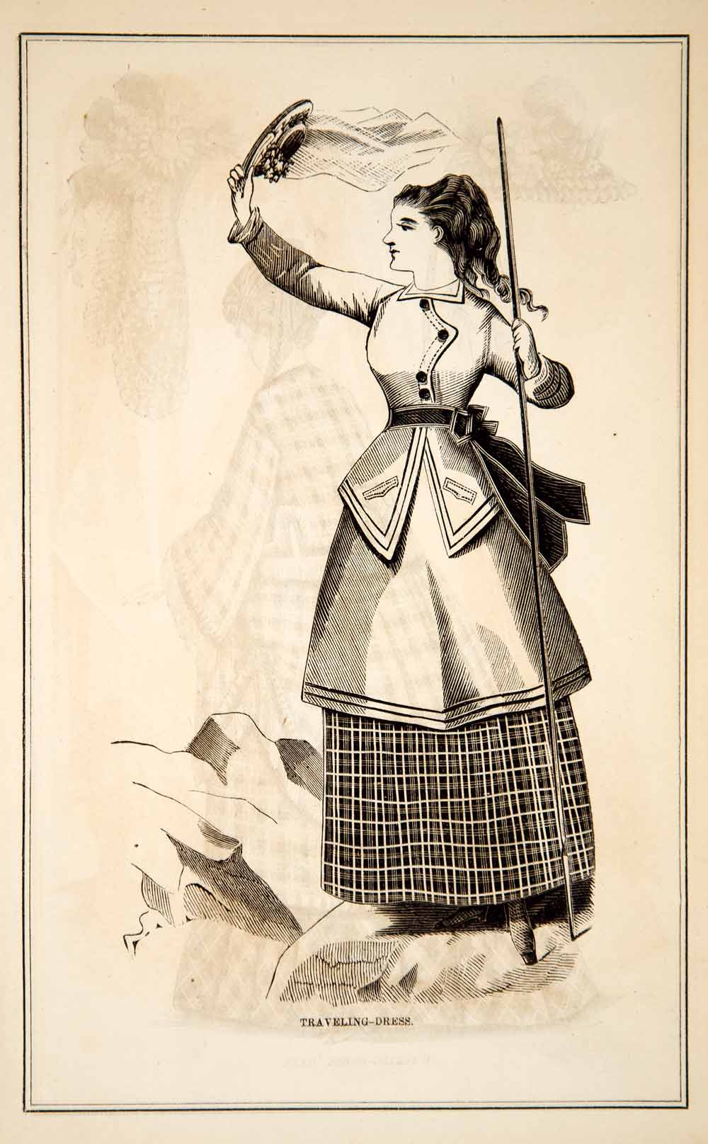 1870 Wood Engraving Victorian Lady Traveling Dress Style Fashion Costume  YPM3