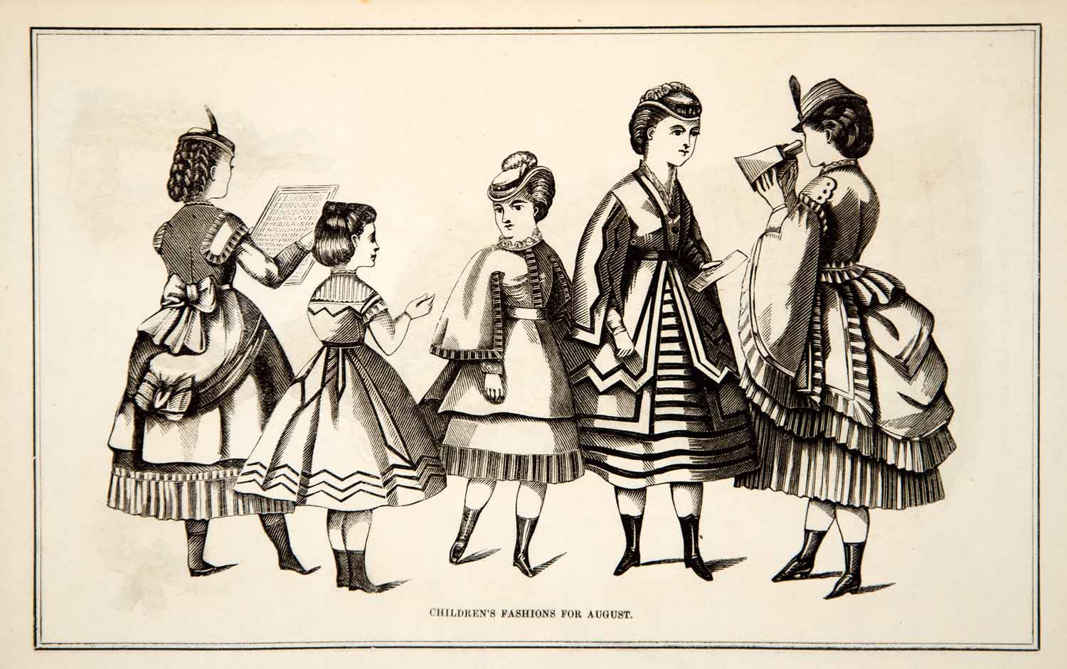 1870 Wood Engraving Victorian Children Girls Dress Fashion Costume August YPM3