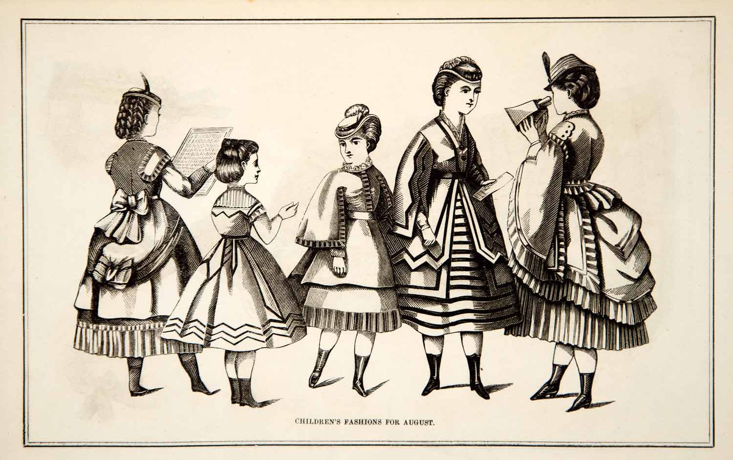 1870 Wood Engraving Victorian Children Girls Dress Fashion Costume August YPM3 1870 Wood Engraving Victorian Children Girls Dress Fashion Costume August YPM3