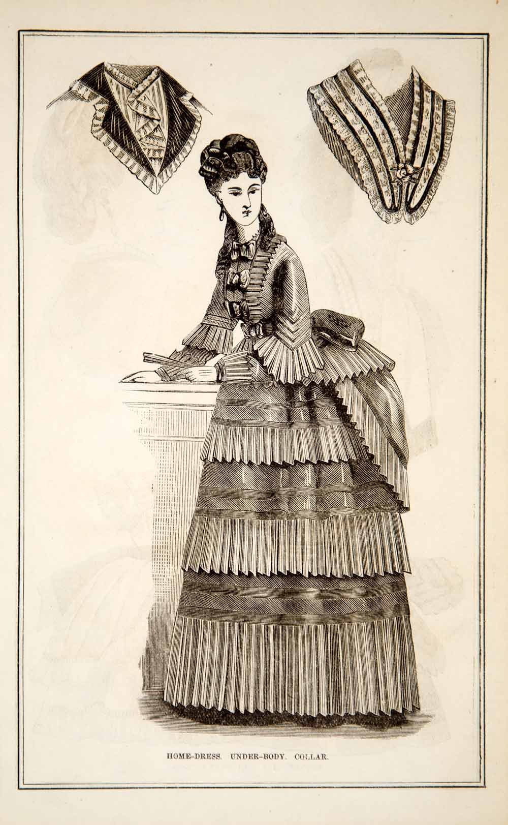 1870 Wood Engraving Victorian Lady Home Dress Fashion Style Costume Collar YPM3 1870 Wood Engraving Victorian Lady Home Dress Fashion Style Costume Collar YPM3