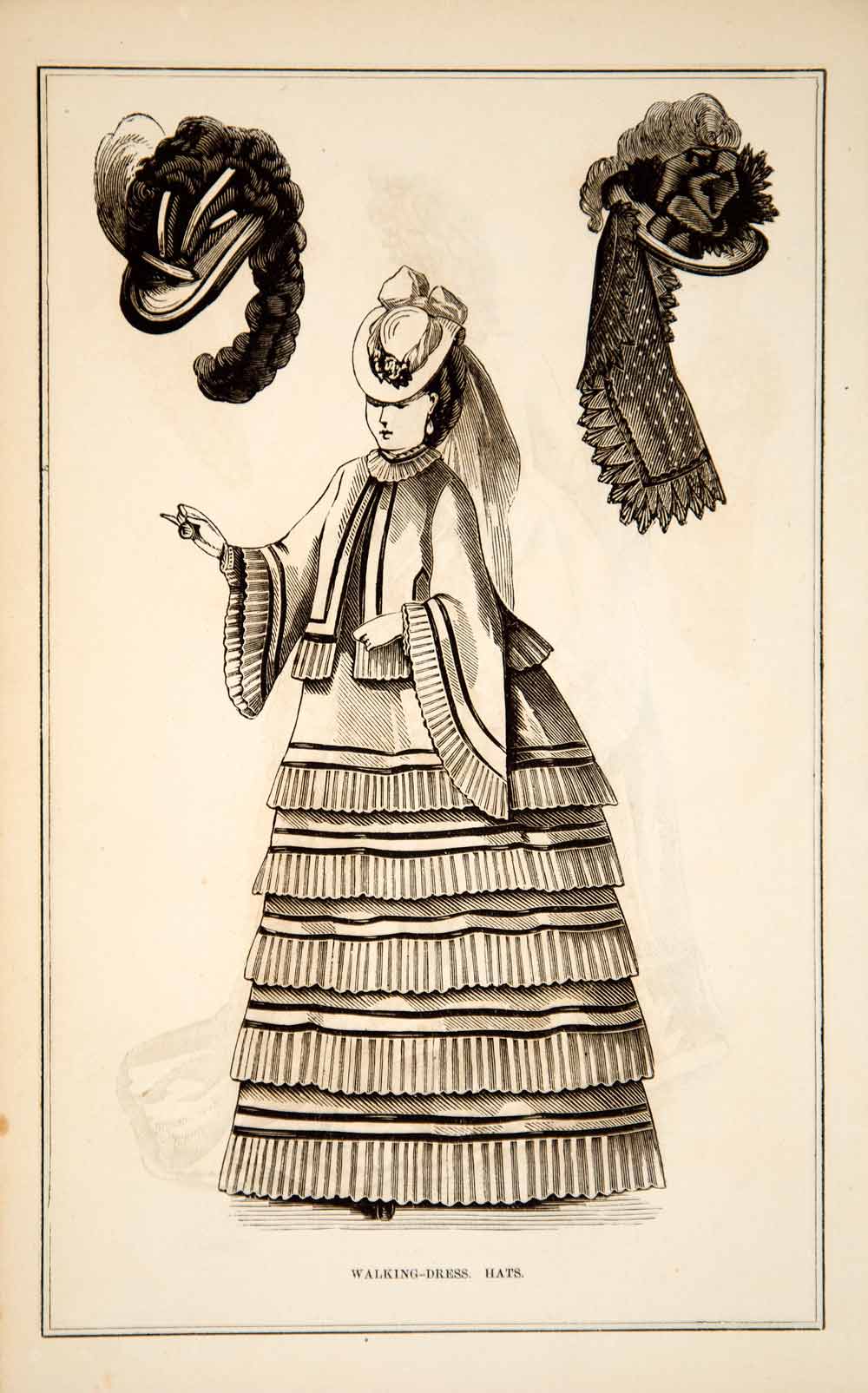 1870 Wood Engraving Victorian Lady Walking Dress Hats Plumes Fashion S –  Period Paper Historic Art LLC
