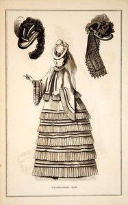 1870 Wood Engraving Victorian Lady Walking Dress Hats Plumes Fashion Style YPM3