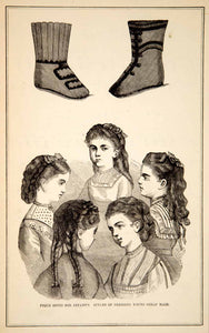 1870 Wood Engraving Victorian Girls Hairstyle Coiffure Hair Fashion Booties YPM3