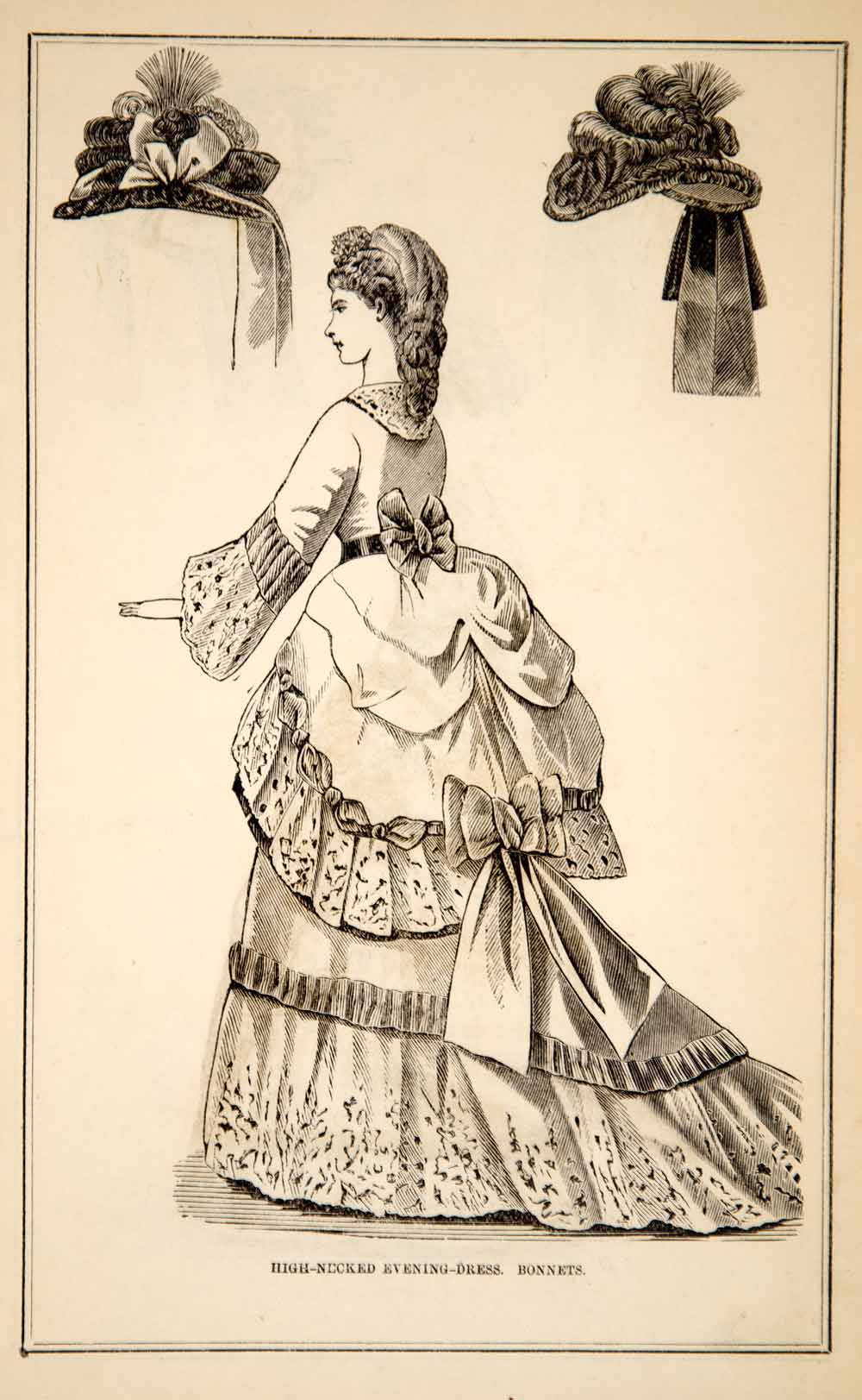 1870 Wood Engraving Victorian Lady High-Necked Evening Dress Bonnet Fashion YPM3