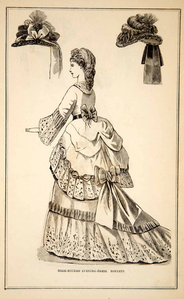 1870 Wood Engraving Victorian Lady High-Necked Evening Dress