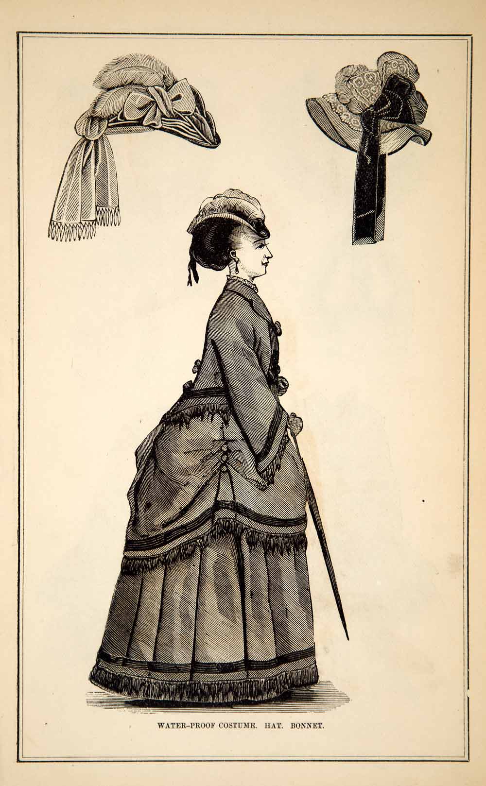 1870 Wood Engraving Victorian Lady Waterproof Costume Coat Dress Hat Bonnet YPM3