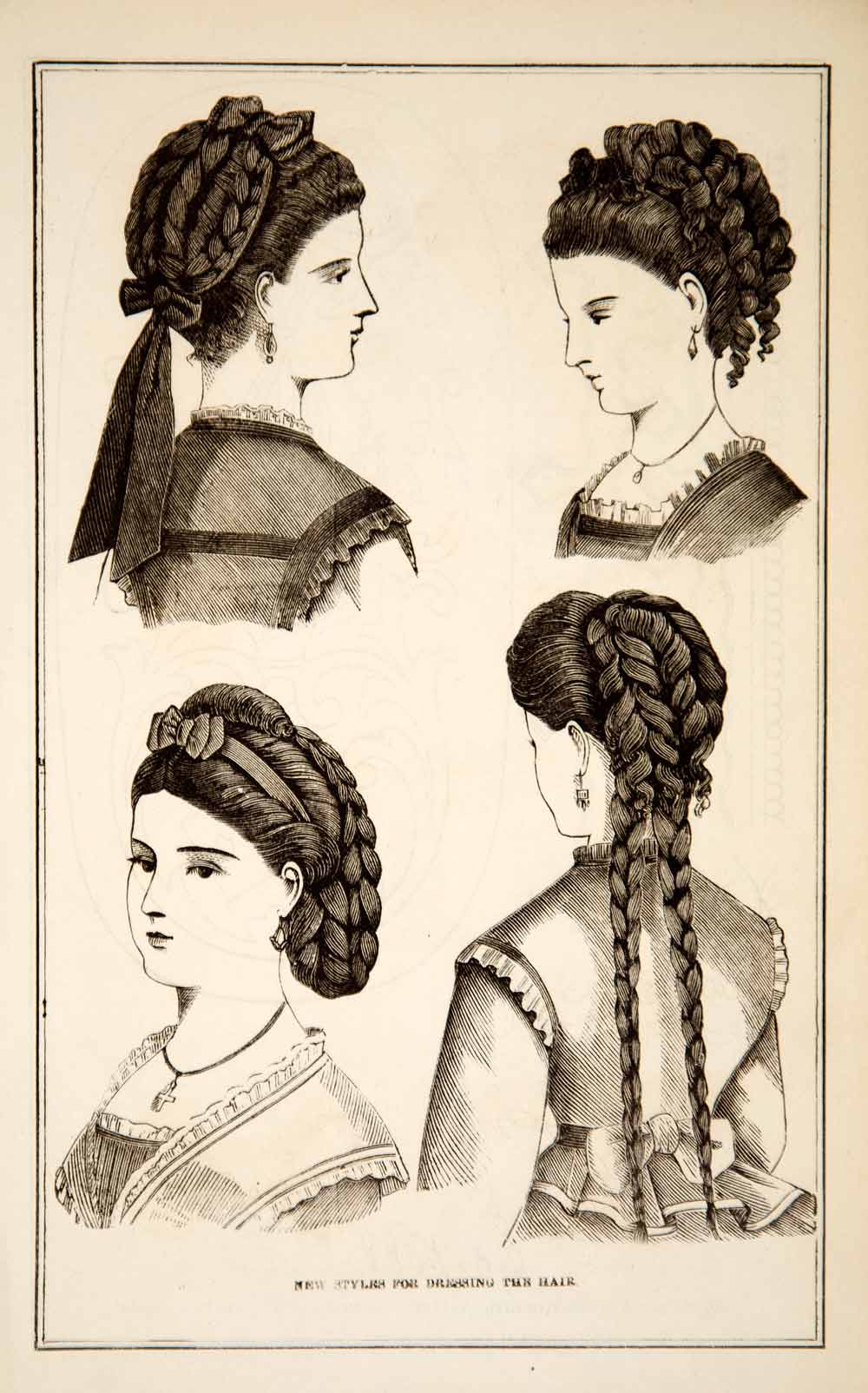 1870 Wood Engravings Victorian Lady Hair Fashion Hairstyles Coiffures Braid YPM3
