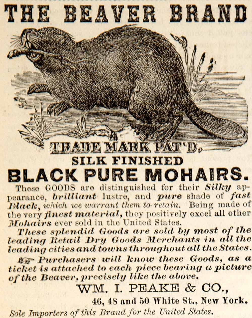 1870 Ad Beaver Brand Mohair Dry Goods Buffalo Wm. I. Peake White Street NYC YPM3