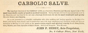 1870 Ad Antique Carbolic Acid Salve Remedy Healing Skin Wounds Burns Cuts YPM3