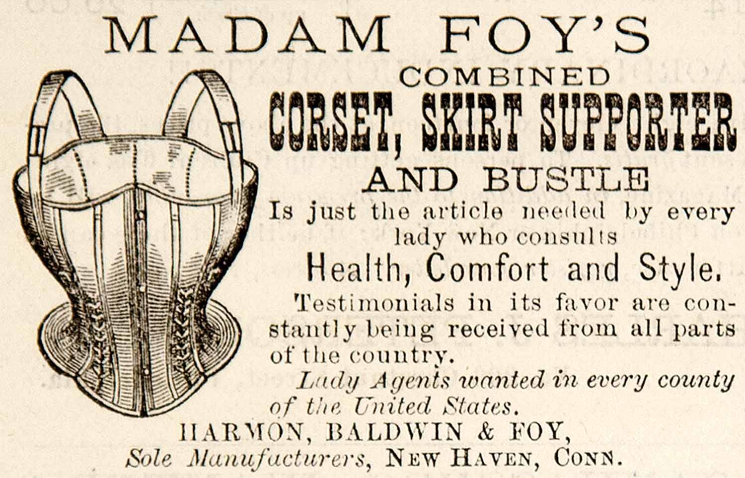 1870 Ad Madam Foy's Corset Skirt Supporter Bustle New Haven CT