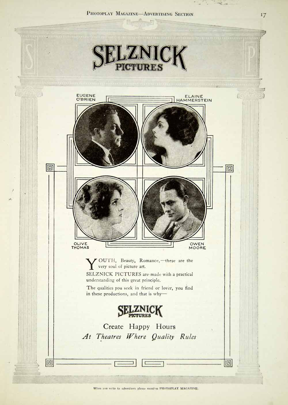 1920 Ad Selznick Pictures Silent Film Stars Eugene O'Brien Owen Moore YPP1