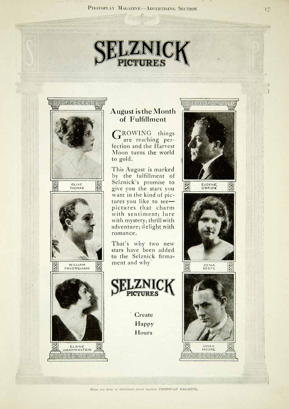 1920 Ad Selznick Pictures Silent Film Actors Movie William Haversham Zena YPP1