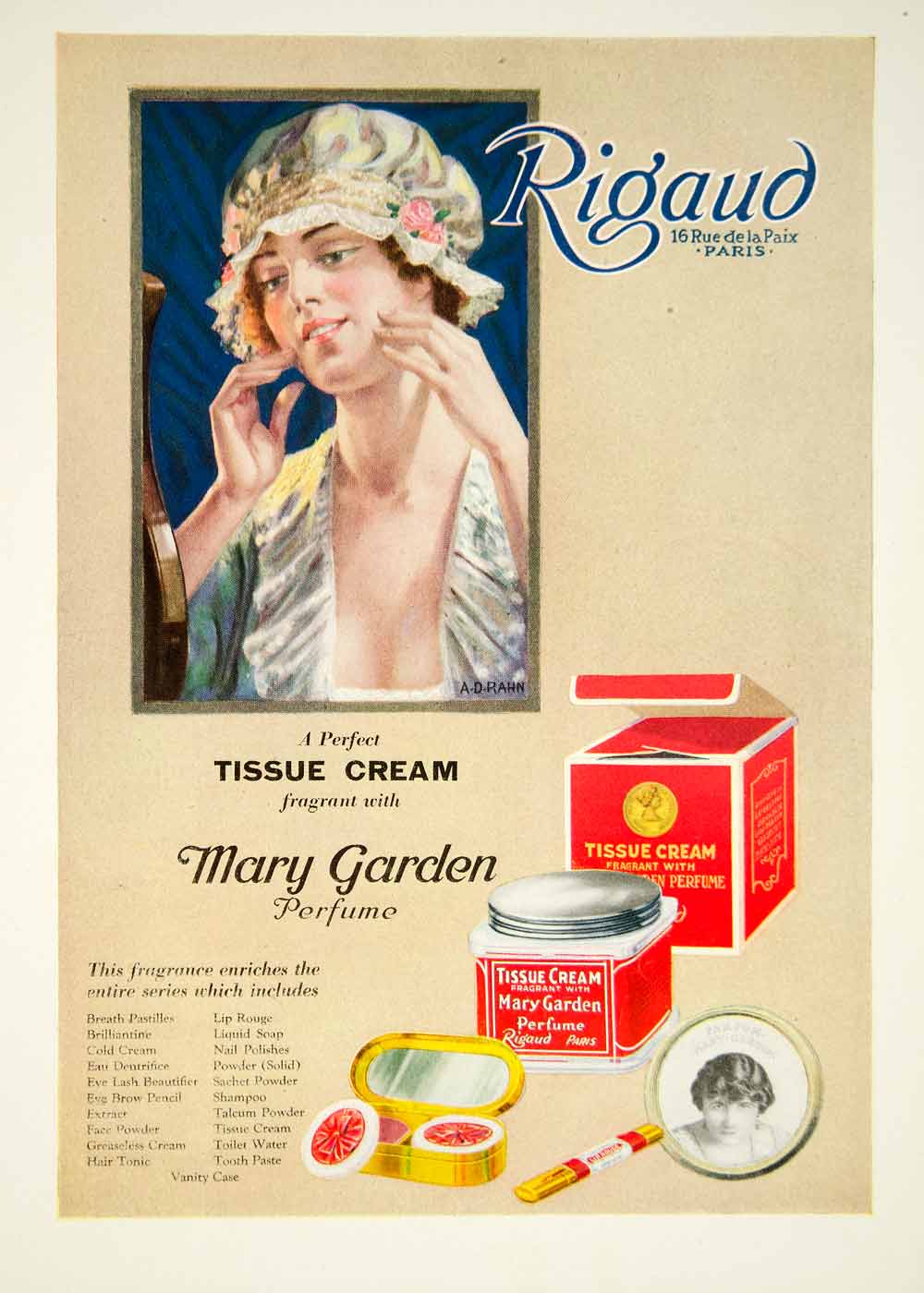 1920 Ad Rigaud Mary Garden Tissue Cream Perfume Cosmetics Beauty A D Rahn YPP1