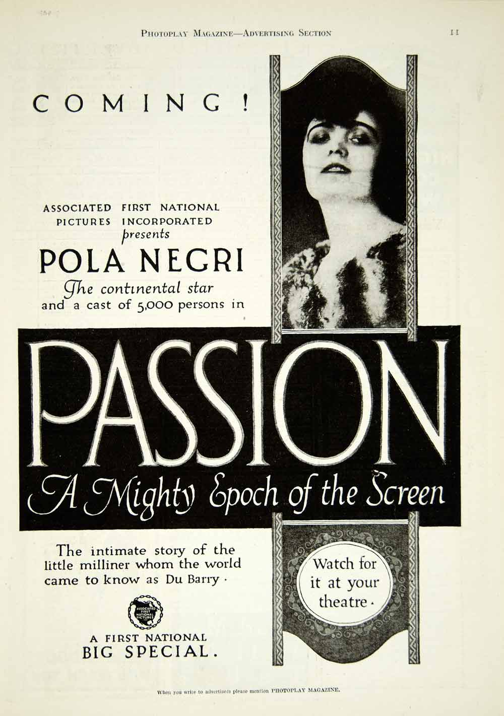 1920 Ad Silent Film Passion Madame DuBarry Pola Negri Lubitsch First YPP1
