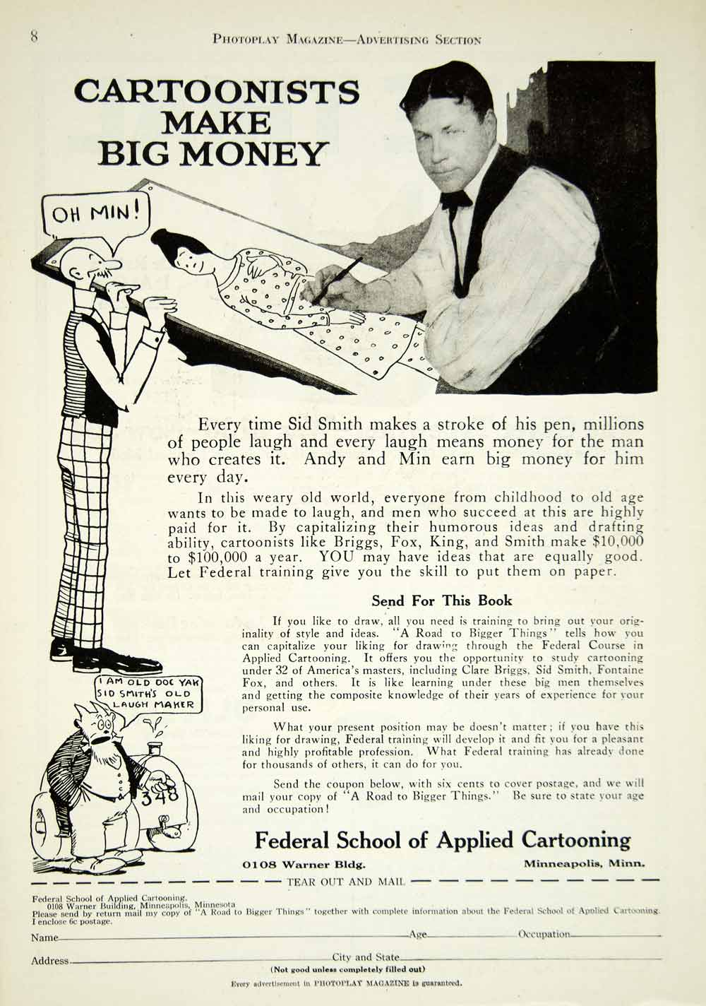 1920 Ad Federal School Applied Cartooning Sid Smith Gumps Andy Min Comic YPP1