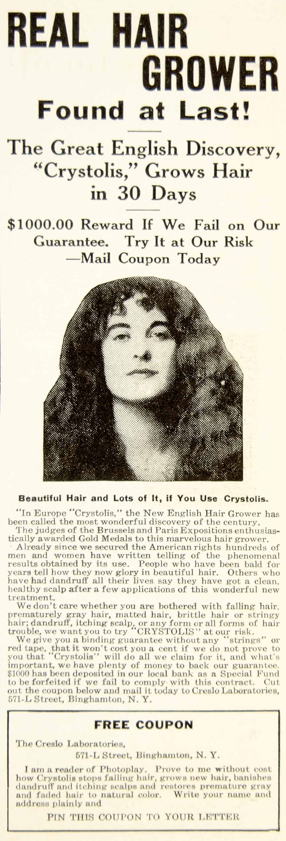 1914 Ad Quackery Crystolis Hair Growth Care Creslo Laboratories Binghamton YPP1