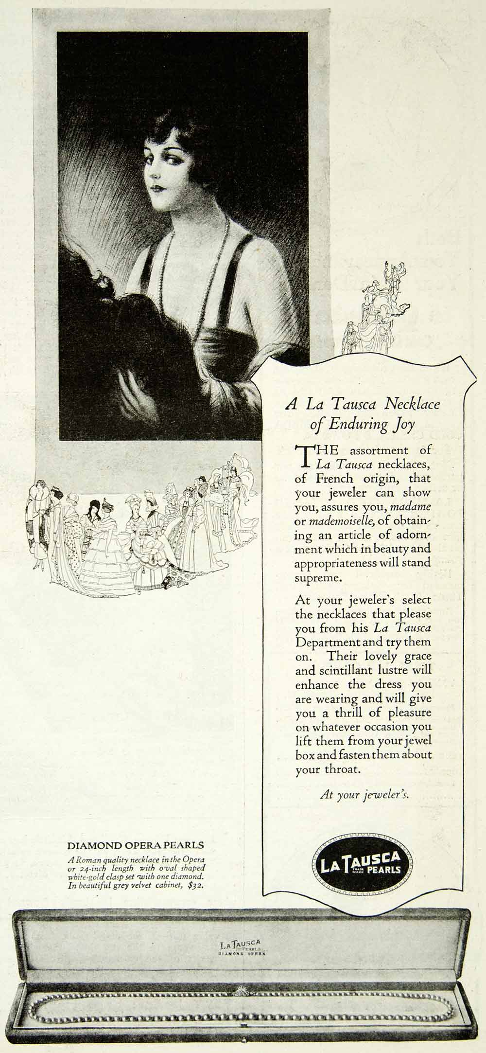 1920 Ad Vintage La Tausca Diamond Opera Pearl Necklace Jewelry Ladies YPP1