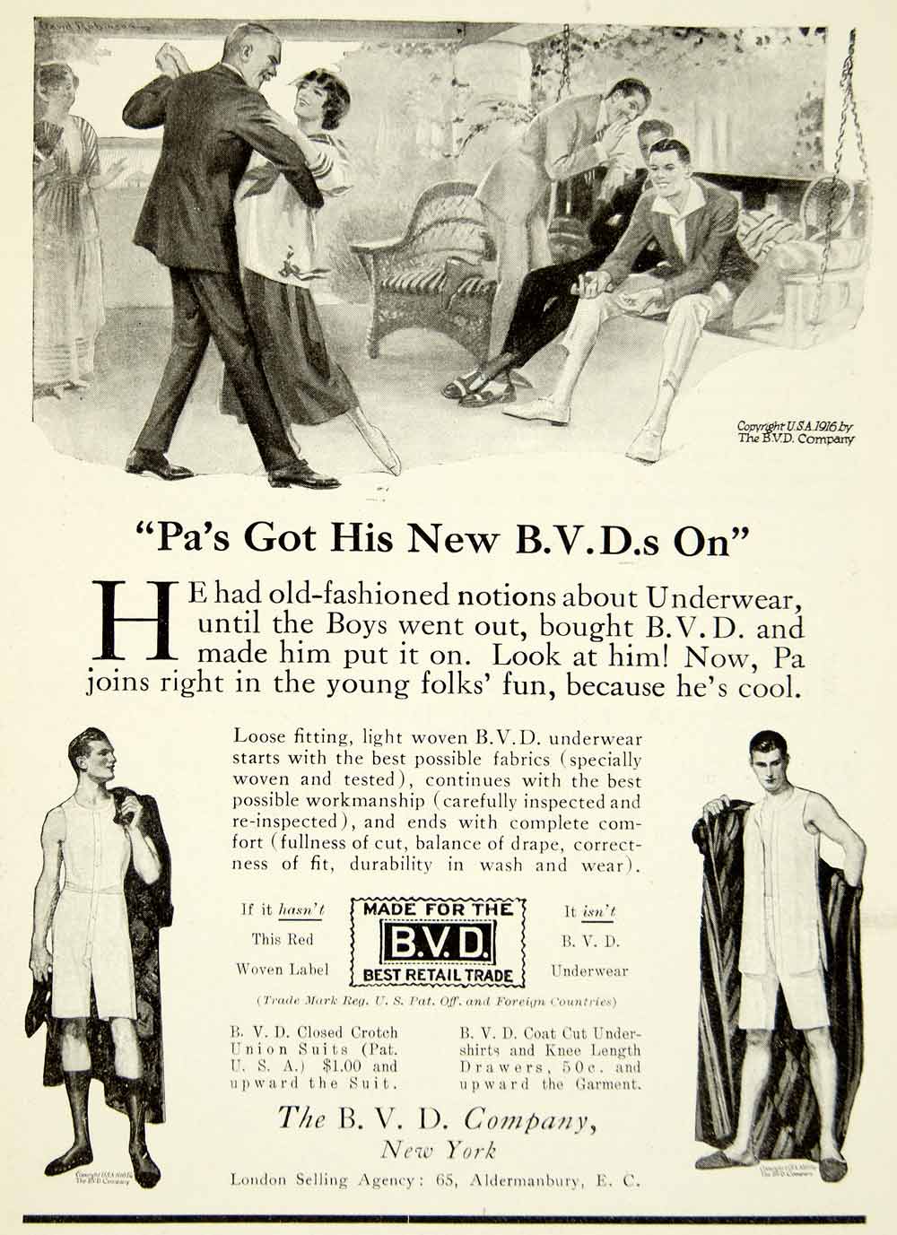 1916 Ad Vintage BVD Underwear Dancing Porch Swing Bradley Voorhees Day YPP1