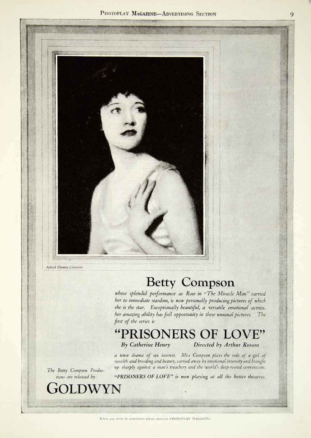1921 Ad Prisoners of Love Silent Film Movie Betty Compson Productions YPP2